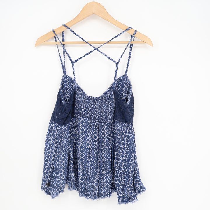 Hollister Cami Top Womens M Blue Viscose Smocked Back Raw Hem Spaghetti Strap