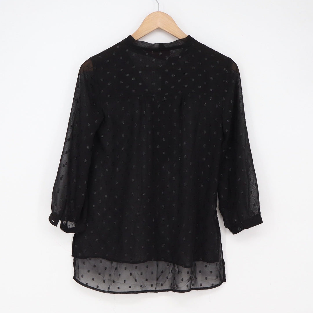 Elle Blouse Womens XS Sheer Swiss Dot Black Tie Neck Excellent