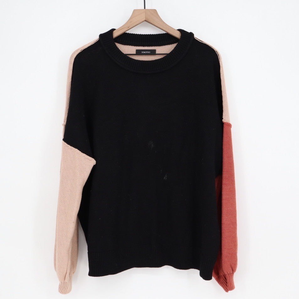 DOKOTOO Colorblock Sweater Black Beige Coral Knit Long Sleeve XL