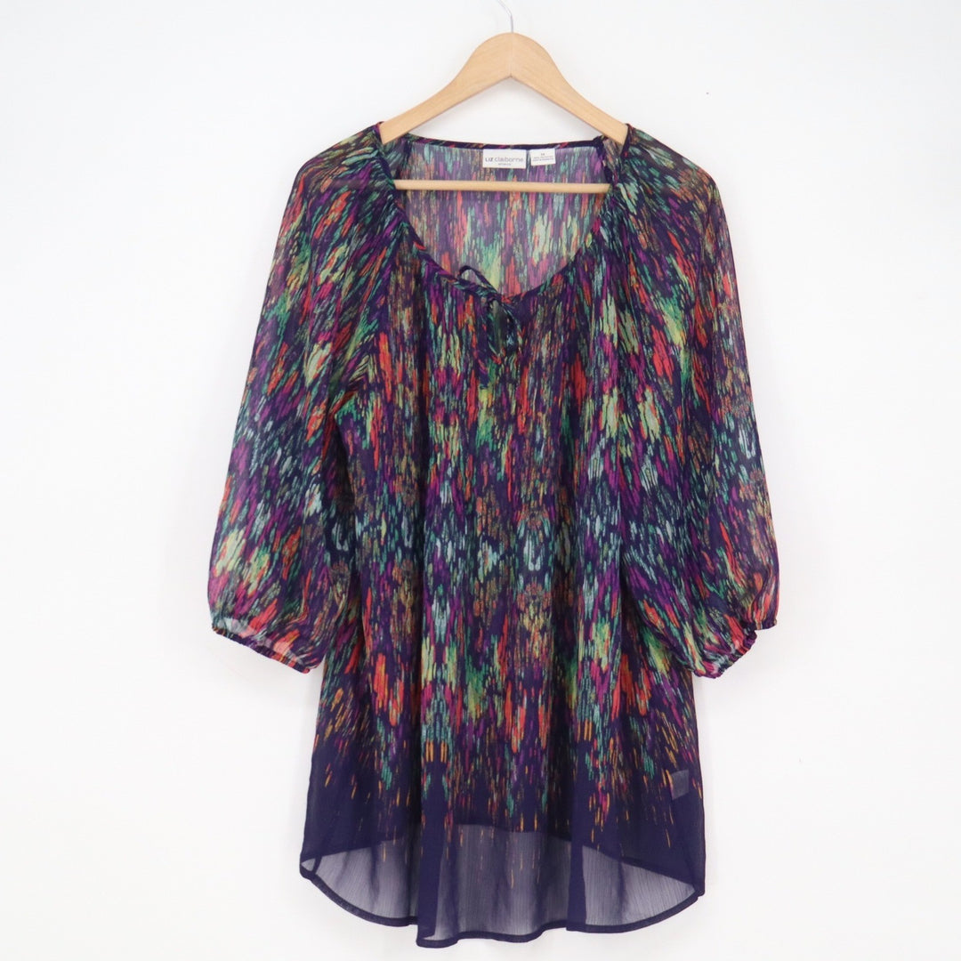 Liz Claiborne Woman 1X Purple Abstract Print Sheer Tunic Blouse 3/4