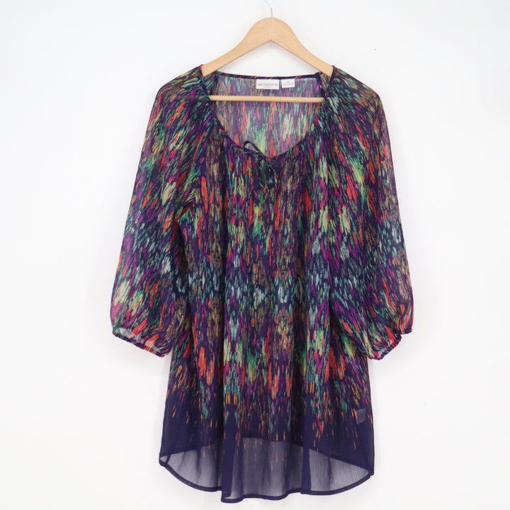 Liz Claiborne Woman 1X Purple Abstract Print Sheer Tunic Blouse 3/4