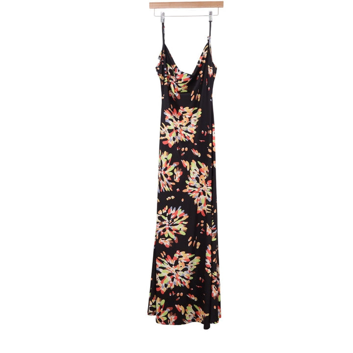 Black Floral Burst Cowl Neck Maxi Dress Sleeveless Spaghetti Strap Large