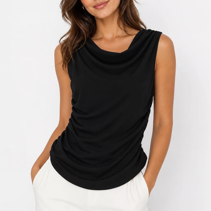 Romwe Black Cowl Neck Ruched Sleeveless Top XL Solid Minimalist Side Draped Tank