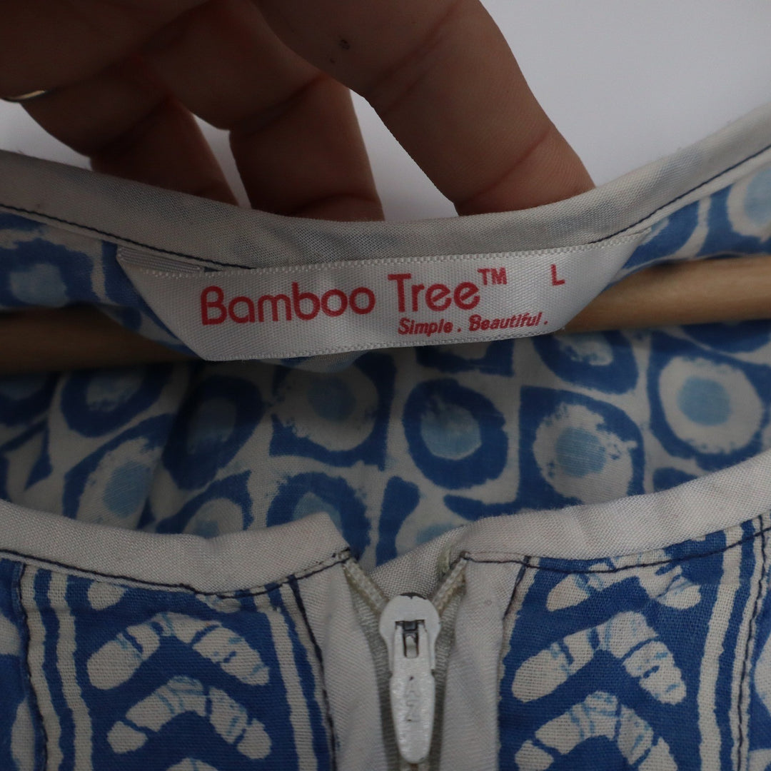 Bamboo Tree Blue White Block Print Zip Front Kaftan Maxi Dress Womens Large