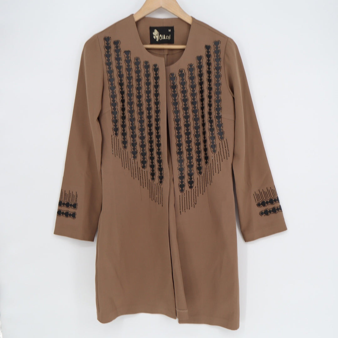 Armaghan Tan Heart Embroidered Open Front Duster Jacket Brown Womens Medium