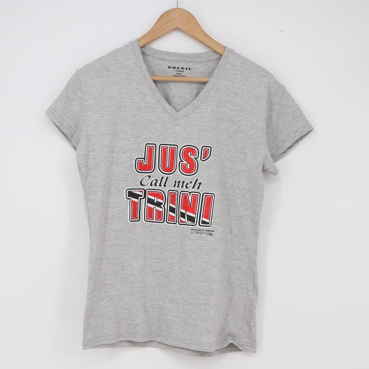 Soleil T-Shirt Womens L V-Neck Grey Jus Call Meh Trini Graphic Excellent