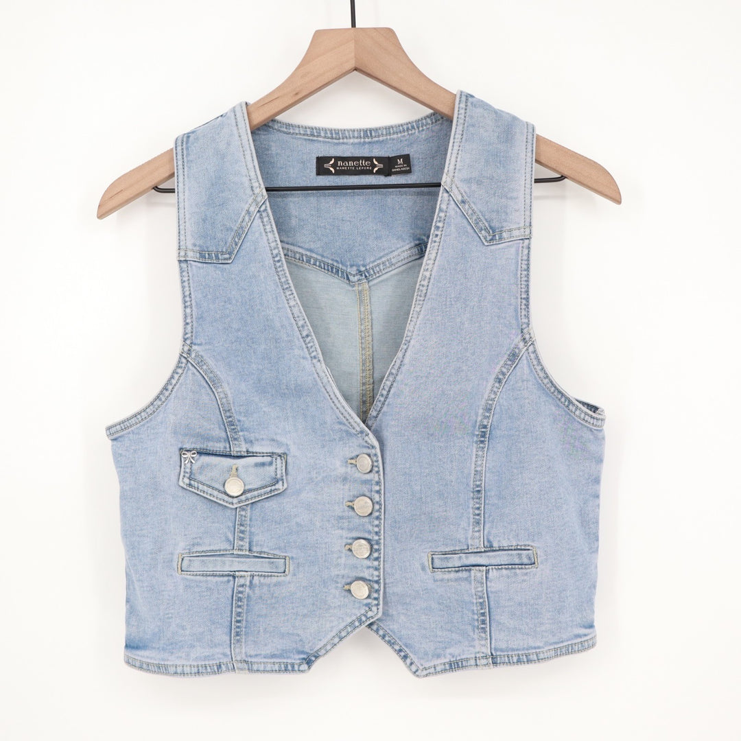 Nanette Lepore Vest Womens Medium Blue Denim Cotton Stretch Pockets front Button