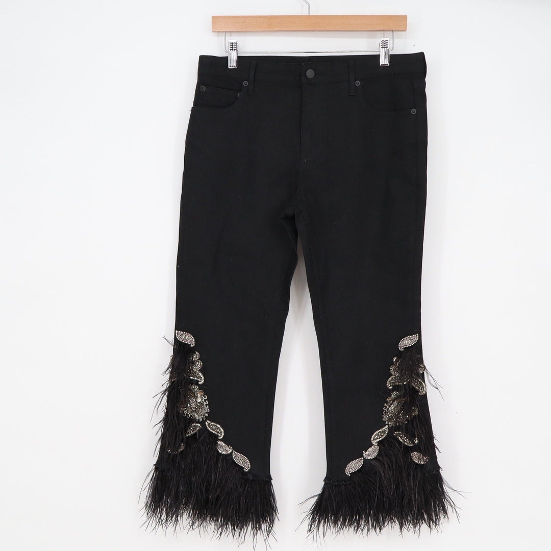 Kobi Halperin Black Beaded Feather Trim Cropped Flare Pants 10