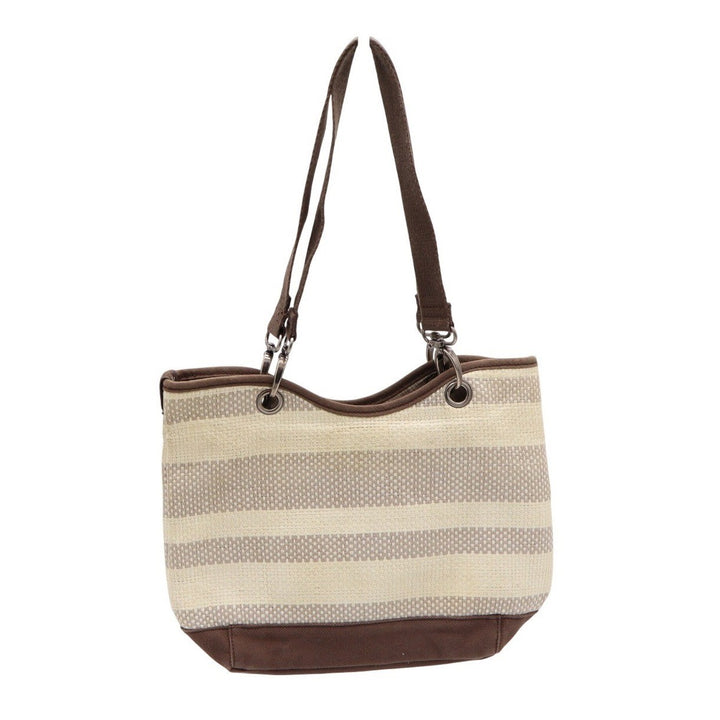 Thirty-One Woven Striped Shoulder Bag Brown Cream Canvas Tote