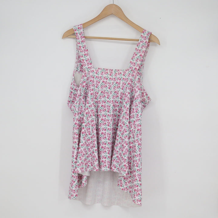 Floral Print Surplice Swim Top Pink White Plus Size 4XL Crossover Tankini