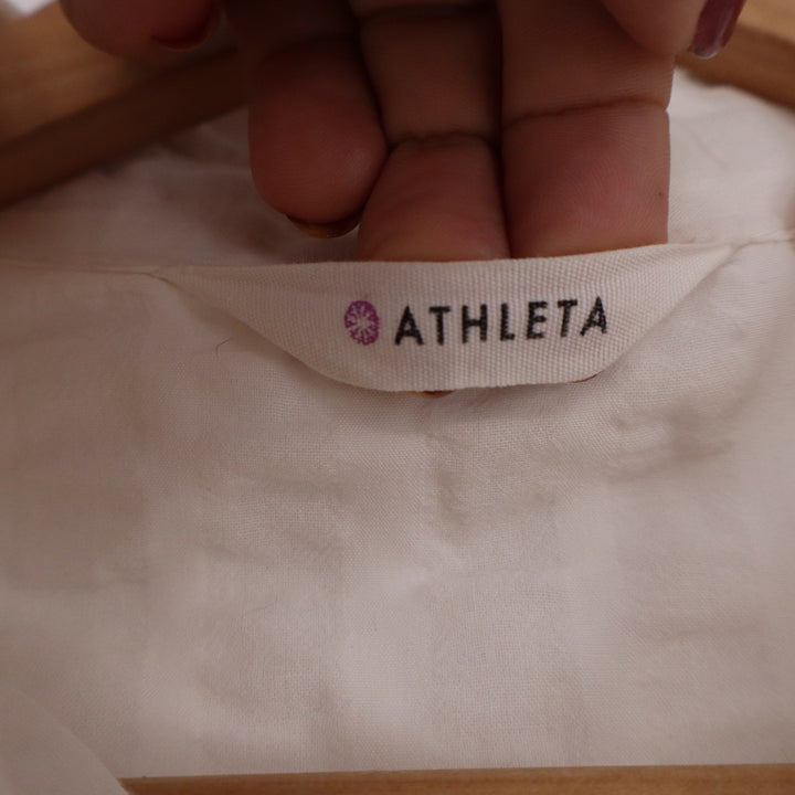 Athleta Womens White Striped Cotton Rayon Button Down Shirt Roll Tab Sleeve XS