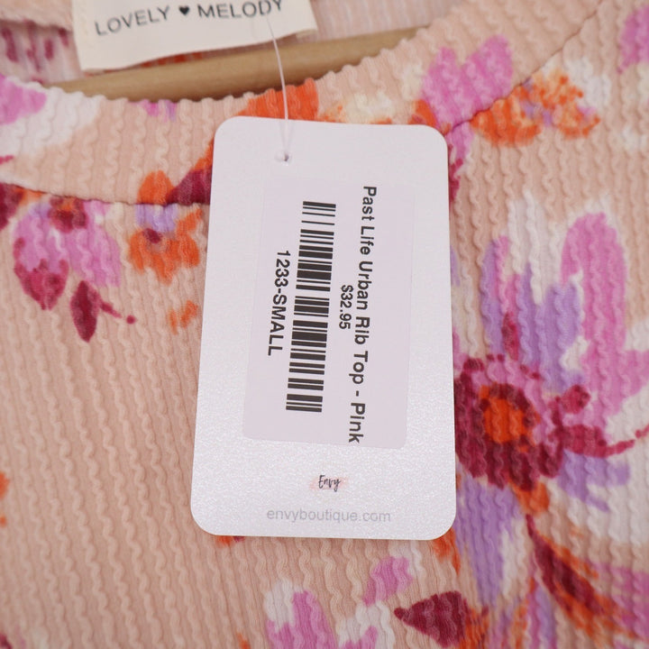 Lovely Melody Past Life Urban Rib Top Pink Floral Flutter Sleeve Small