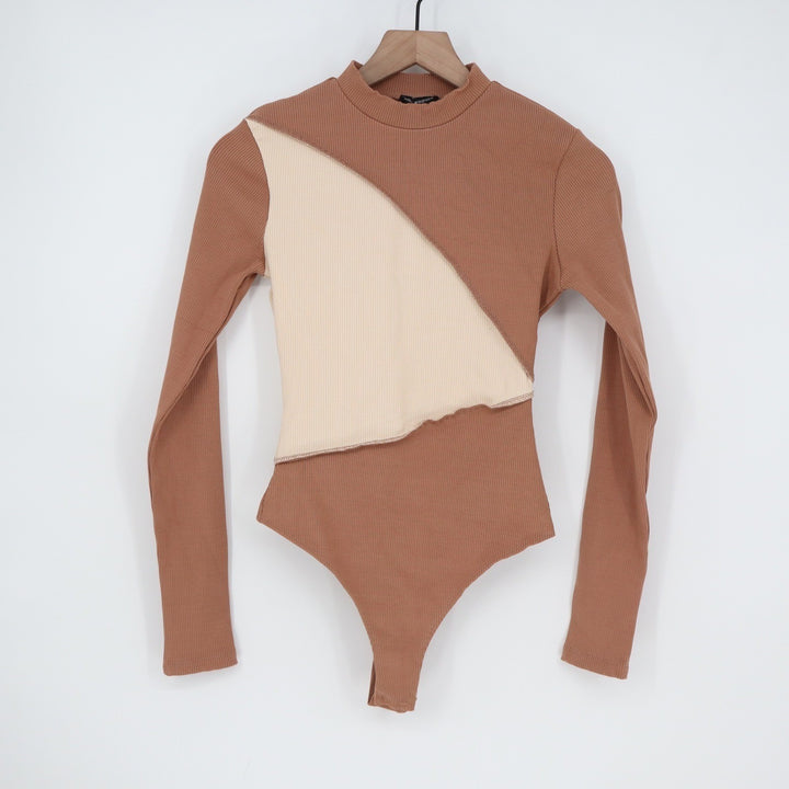Naked Wardrobe Color block Ribbed Mock Neck Bodysuit Coco Oatmeal L