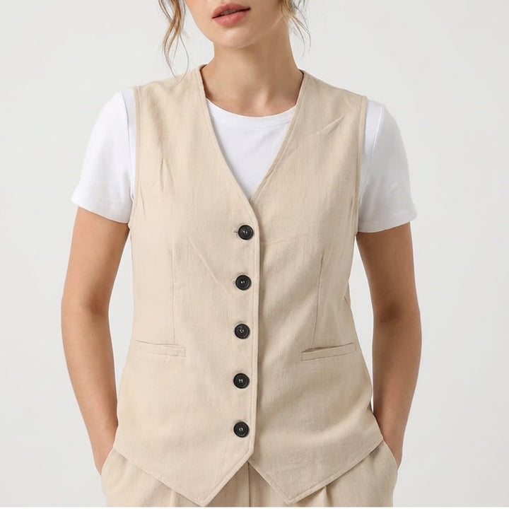 Shein Waistcoat Women's Medium Beige Stretch V-Neck Sleeveless Button Front