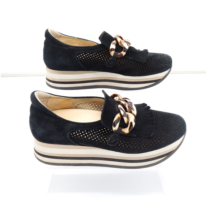 Softwalk Black Suede Platform Loafers Tortoiseshell Chain Kiltie Fringe Size 8