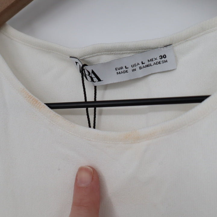 Zara Crop Tank Top Womens Large Off White Knit Wide Strap Scoop Neck Pullover