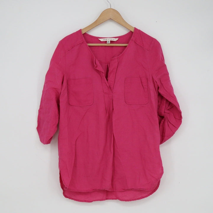 Max Studio Fuchsia Pink Linen Cotton Roll Tab Sleeve Tunic Blouse Small