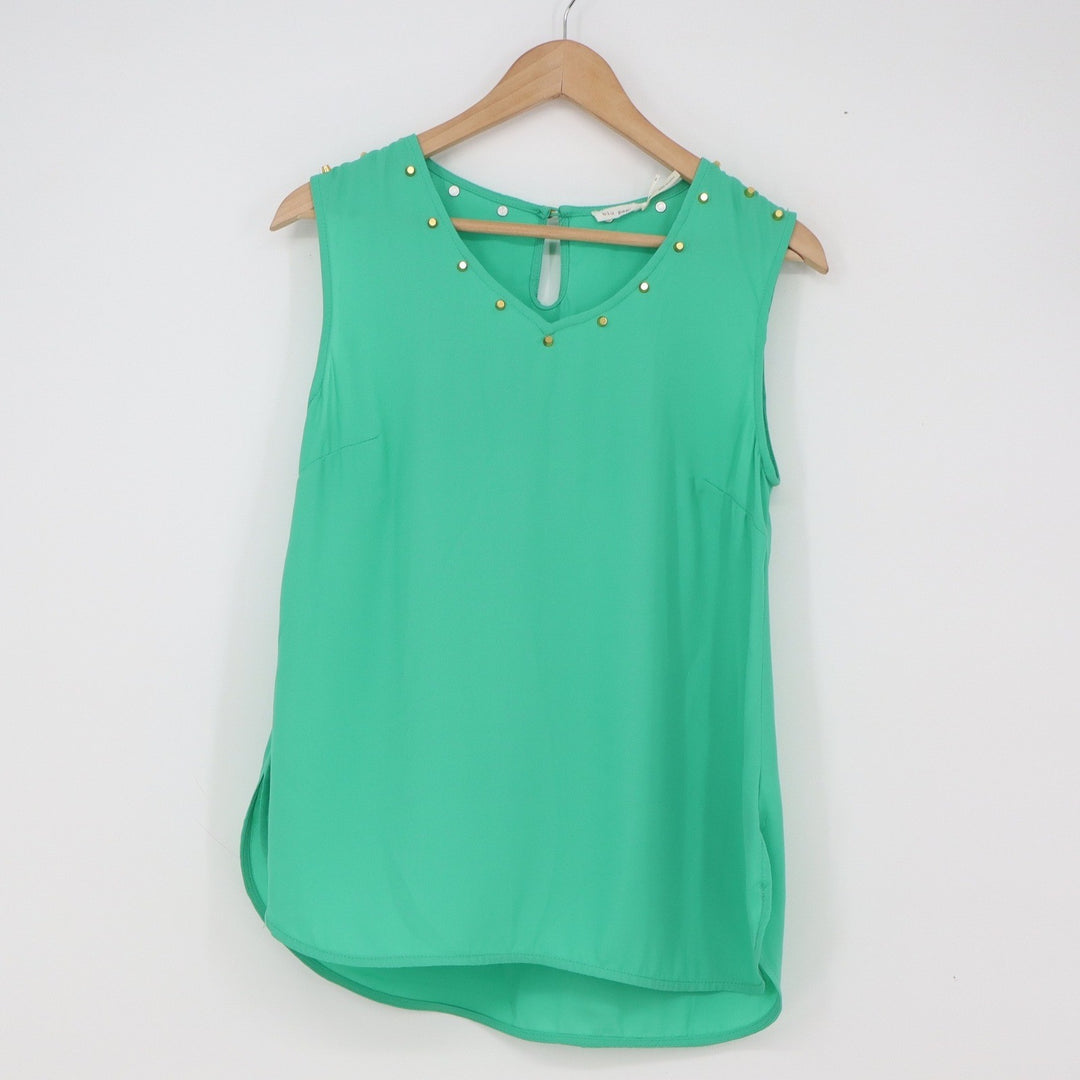 Blu Pepper Top Womens S Green Gold Studded V-Neck Sleeveless Excellent