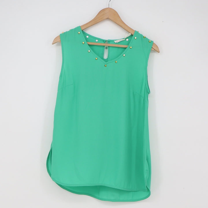 Blu Pepper Top Womens S Green Gold Studded V-Neck Sleeveless Excellent
