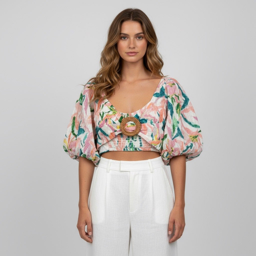 RAHI Maui Chantal Top L Floral Print Woven Rattan Ring Tie Back Crop