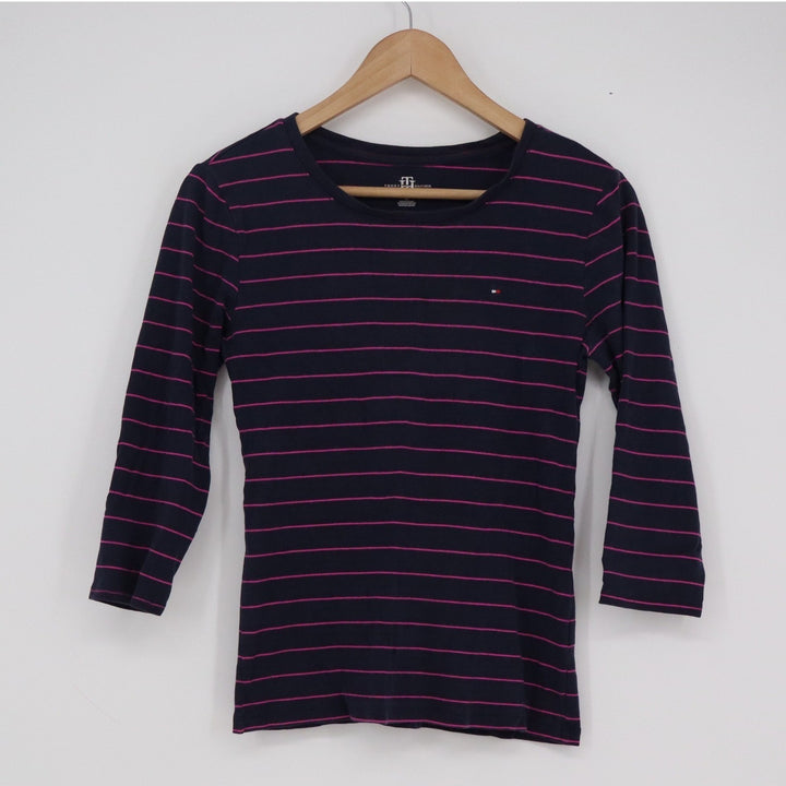 Tommy Hilfiger Womens Navy Blue Pink Striped 3/4 Sleeve Cotton T-Shirt Size S/P
