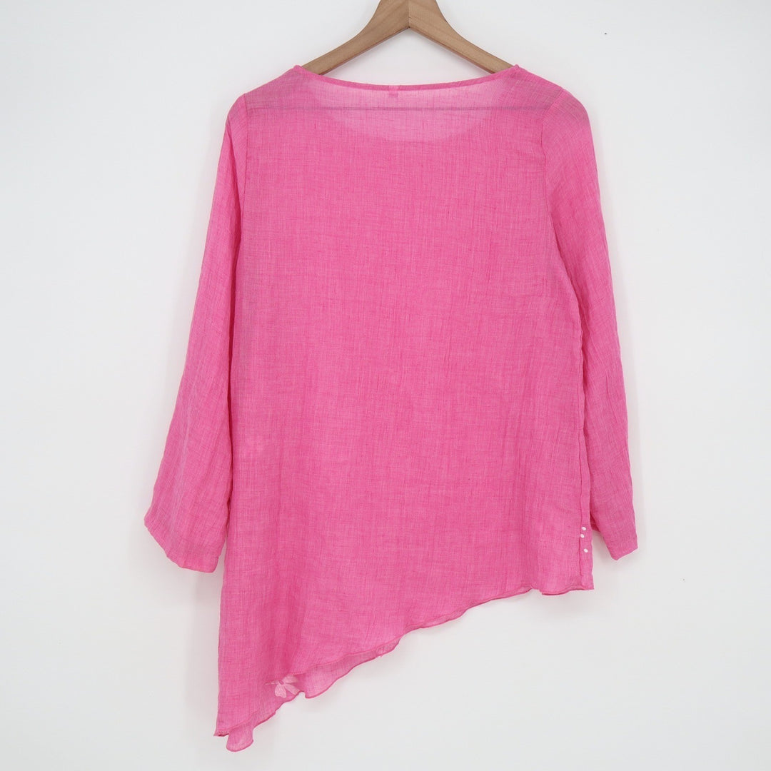 Pink Floral Asymmetrical Sharkbite Hem Tunic Blouse Long Sleeve Size S