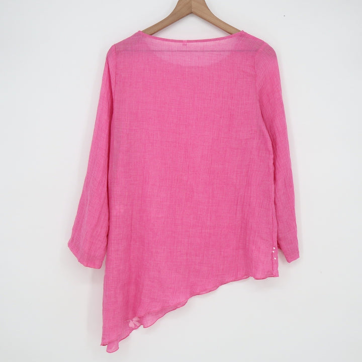 Pink Floral Asymmetrical Sharkbite Hem Tunic Blouse Long Sleeve Size S