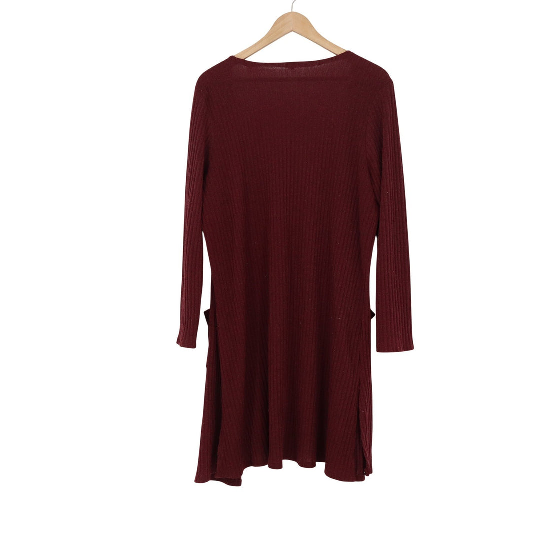 Burgundy Ribbed Longline Open Front Cardigan Plus Size 2X Pockets