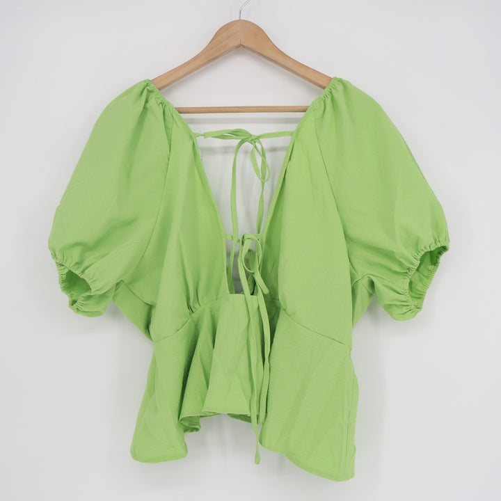 Lime Green Puff Sleeve Tie Back Peplum Blouse V-Neck Top Large