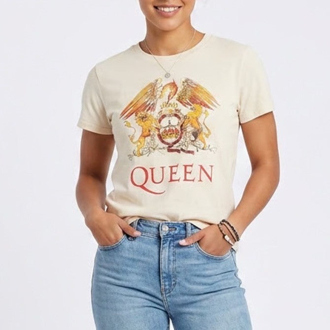 Queen Band T-Shirt Cream Graphic Crest Logo Short Sleeve Rock Tee Large