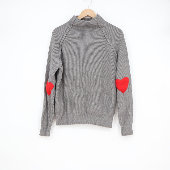 Chicwish Grey Ribbed Mock Neck Sweater Red Heart Elbow Patches Pullover Womens