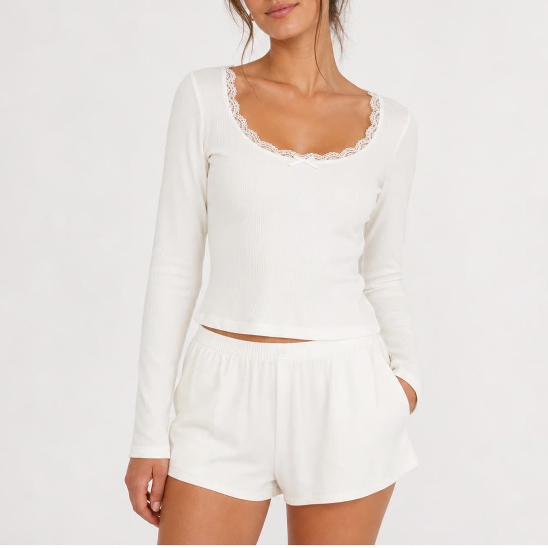 Cream White Ribbed Long Sleeve Lace Trim Bow Square Neck Coquette Top Small