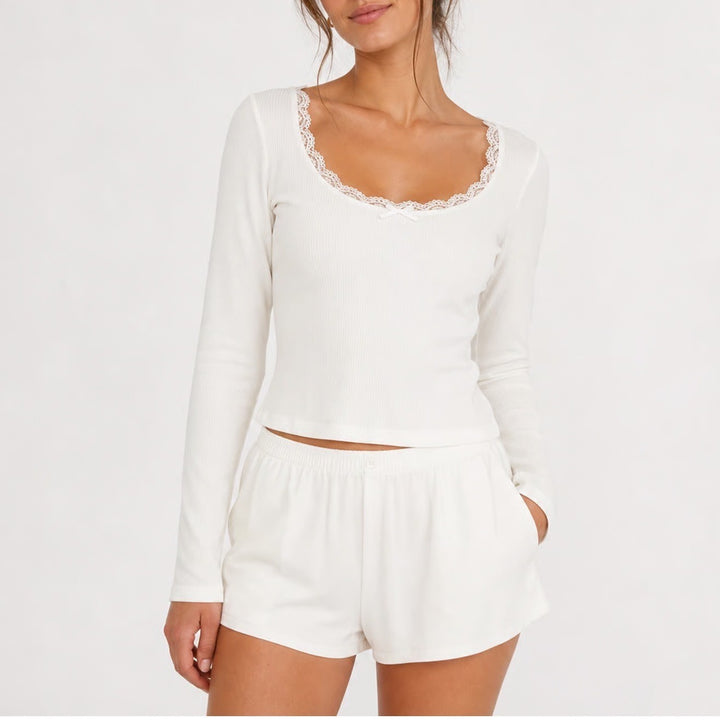 Cream White Ribbed Long Sleeve Lace Trim Bow Square Neck Coquette Top Small