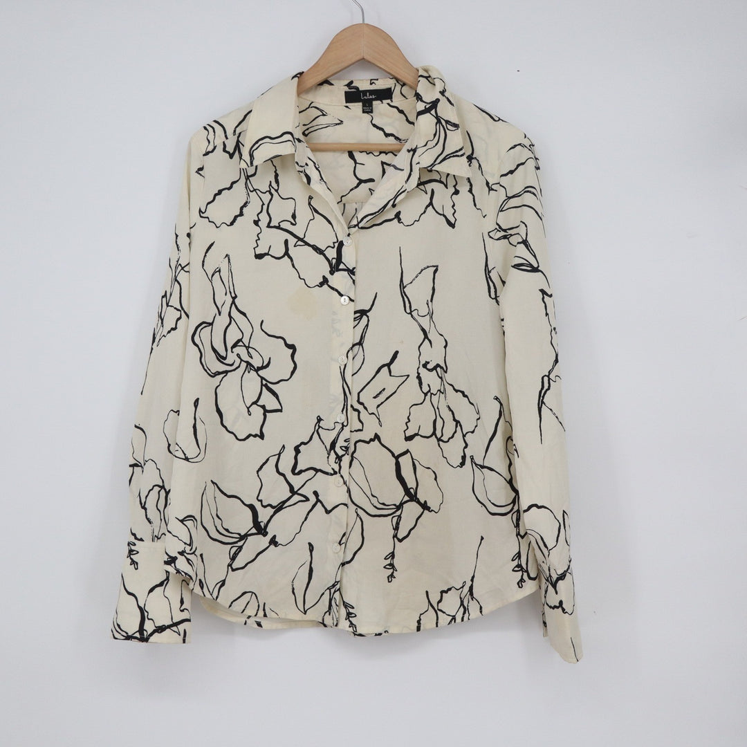 Lulus Cream Black Floral Line Art Button Up Blouse Long Sleeve Large 10814