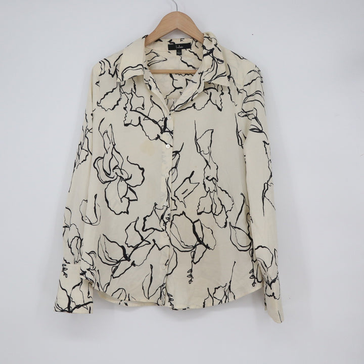 Lulus Cream Black Floral Line Art Button Up Blouse Long Sleeve Large 10814