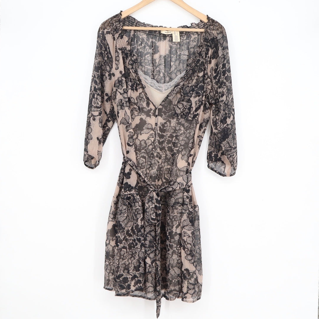 DKNY Jeans Womens Floral Chiffon Tunic Dress Tan Black Lace Trim Liner Large