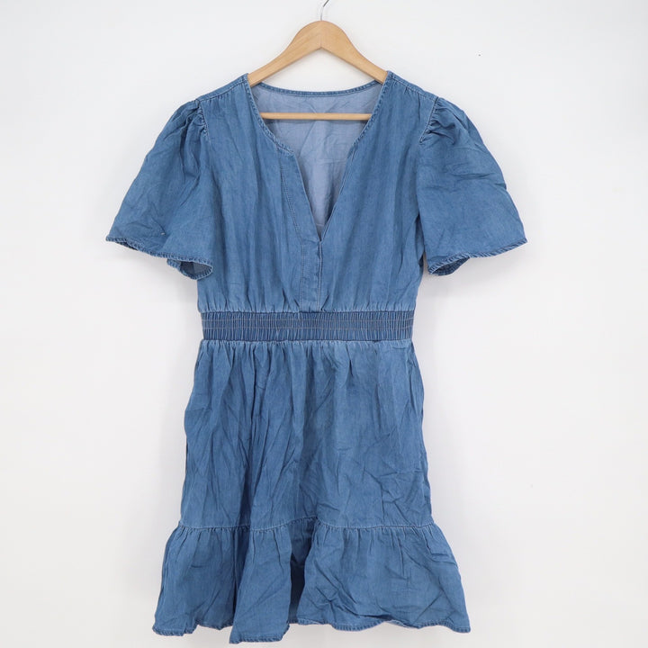 Blue Chambray Cotton Tiered Mini Dress Smocked Waist Flutter Sleeve Medium