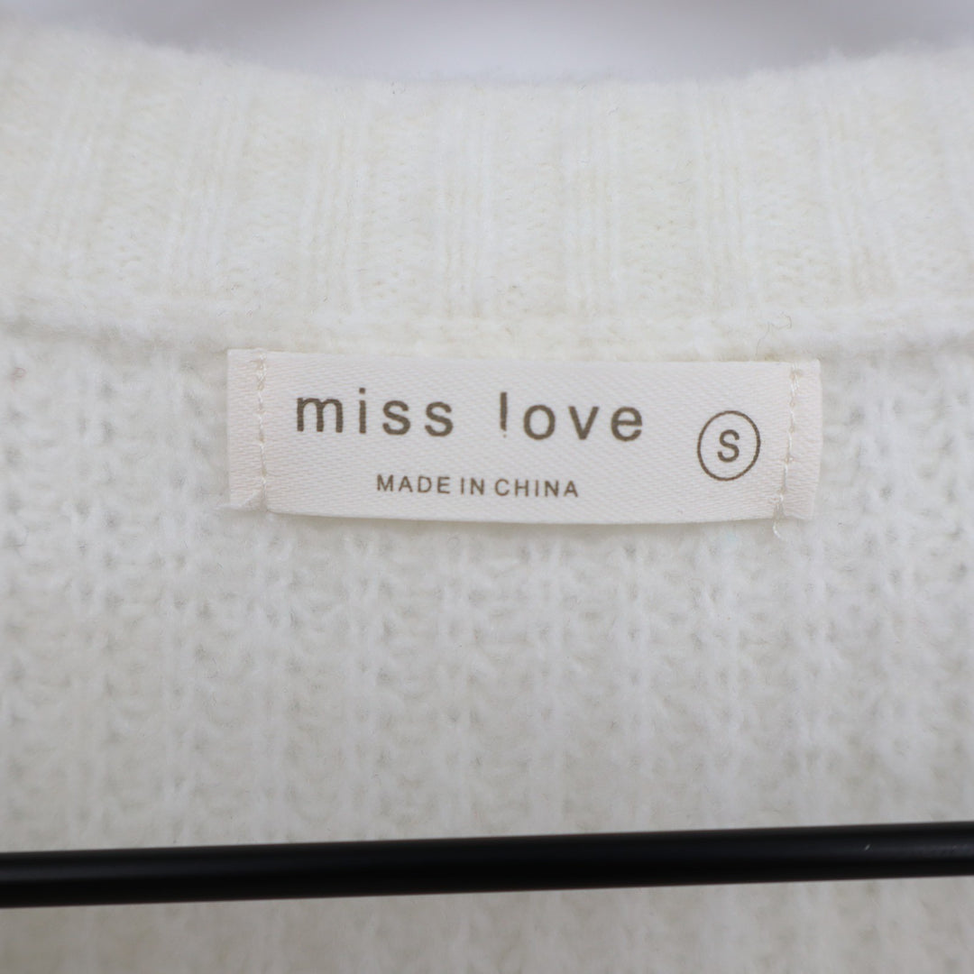 Miss Love Cardigan Crop Sweater Womens S White Waffle Knit Stretch Short Sleeve
