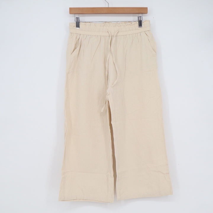 Linen Cotton Blend Wide Leg Crop Pants Beige Elastic Waist Drawstring Small
