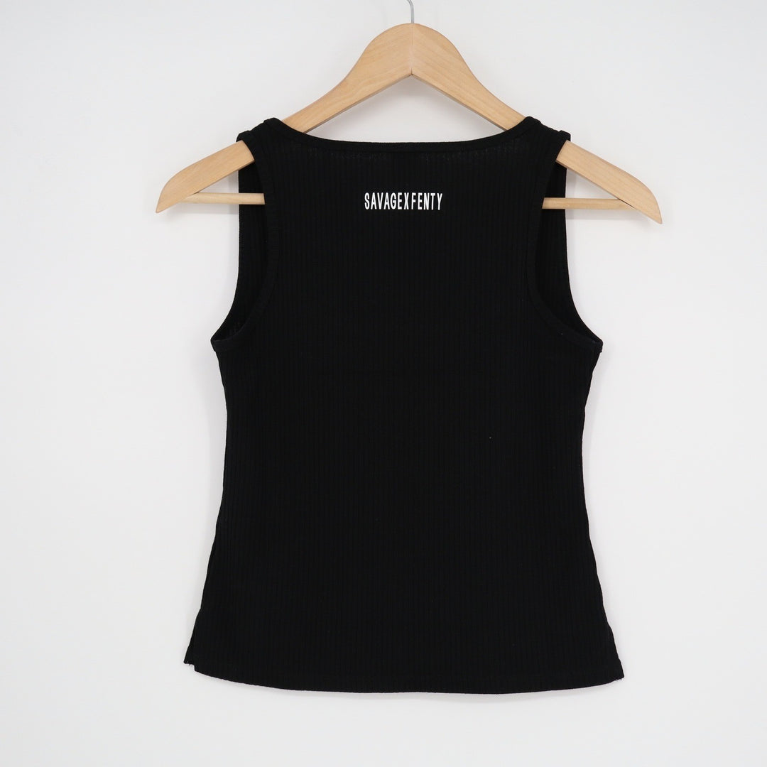 Savage X Fenty Womens Ribbed Tank Top Black Scoop Neck Logo XS