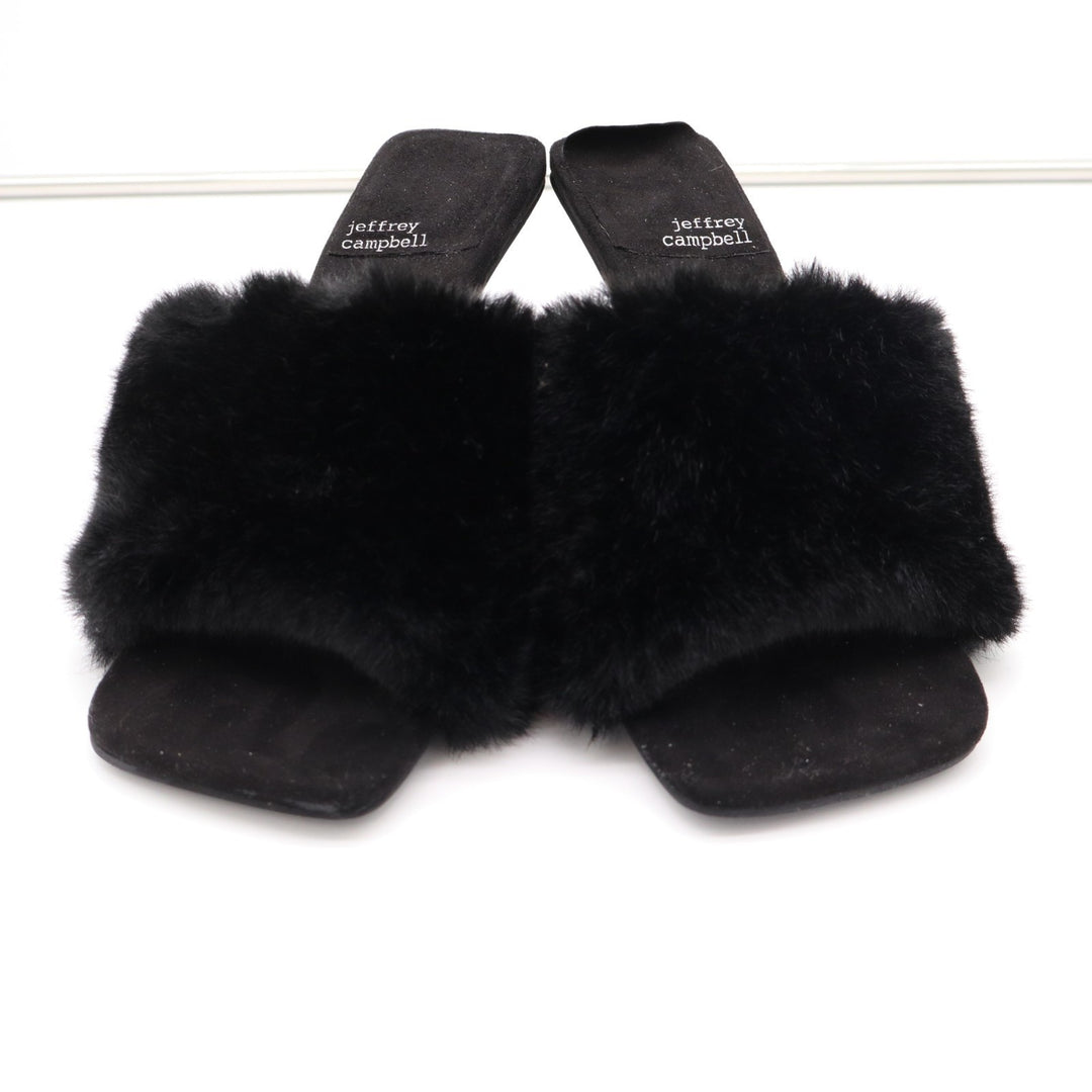 Jeffrey Campbell Utopic Slide Womens US 7.5 Black Faux Fur Stiletto Heel Sandals