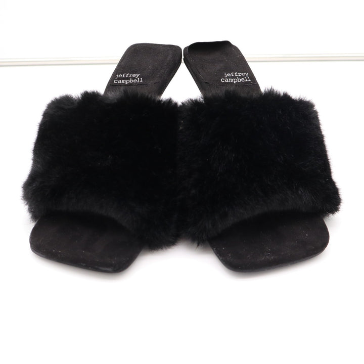 Jeffrey Campbell Utopic Slide Womens US 7.5 Black Faux Fur Stiletto Heel Sandals
