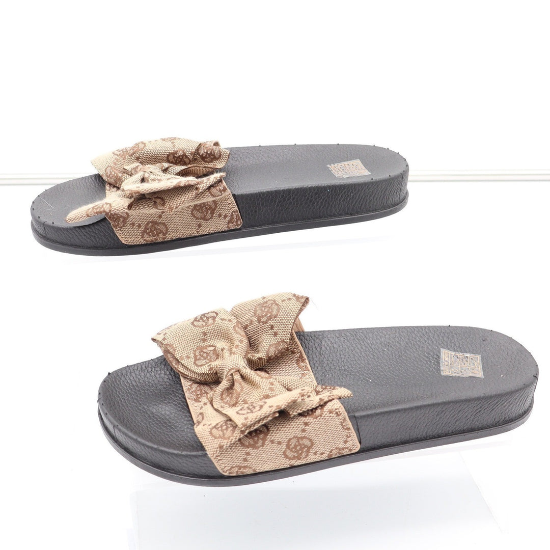 Womens Monogram Floral Bow Slide Sandals Brown Tan Black Size 36