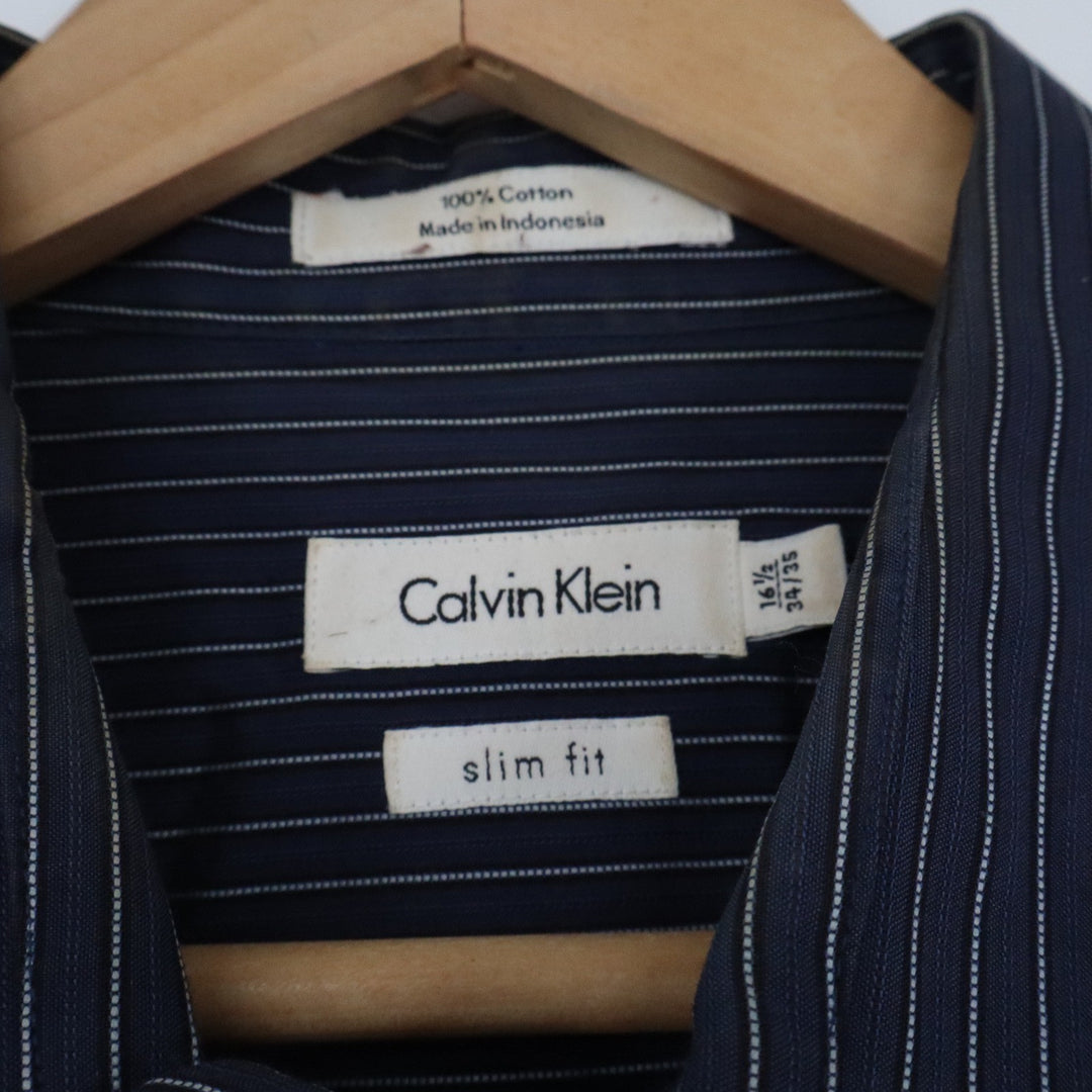 Calvin Klein Mens Slim Fit Dress Shirt Navy Blue Pinstripe 16.5 34/35 Cotton