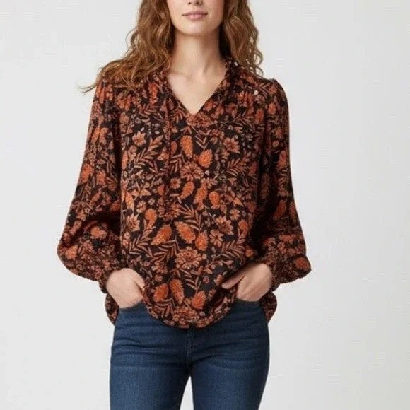 Elegia Floral Print Ruffle Neck Long Sleeve Blouse Top