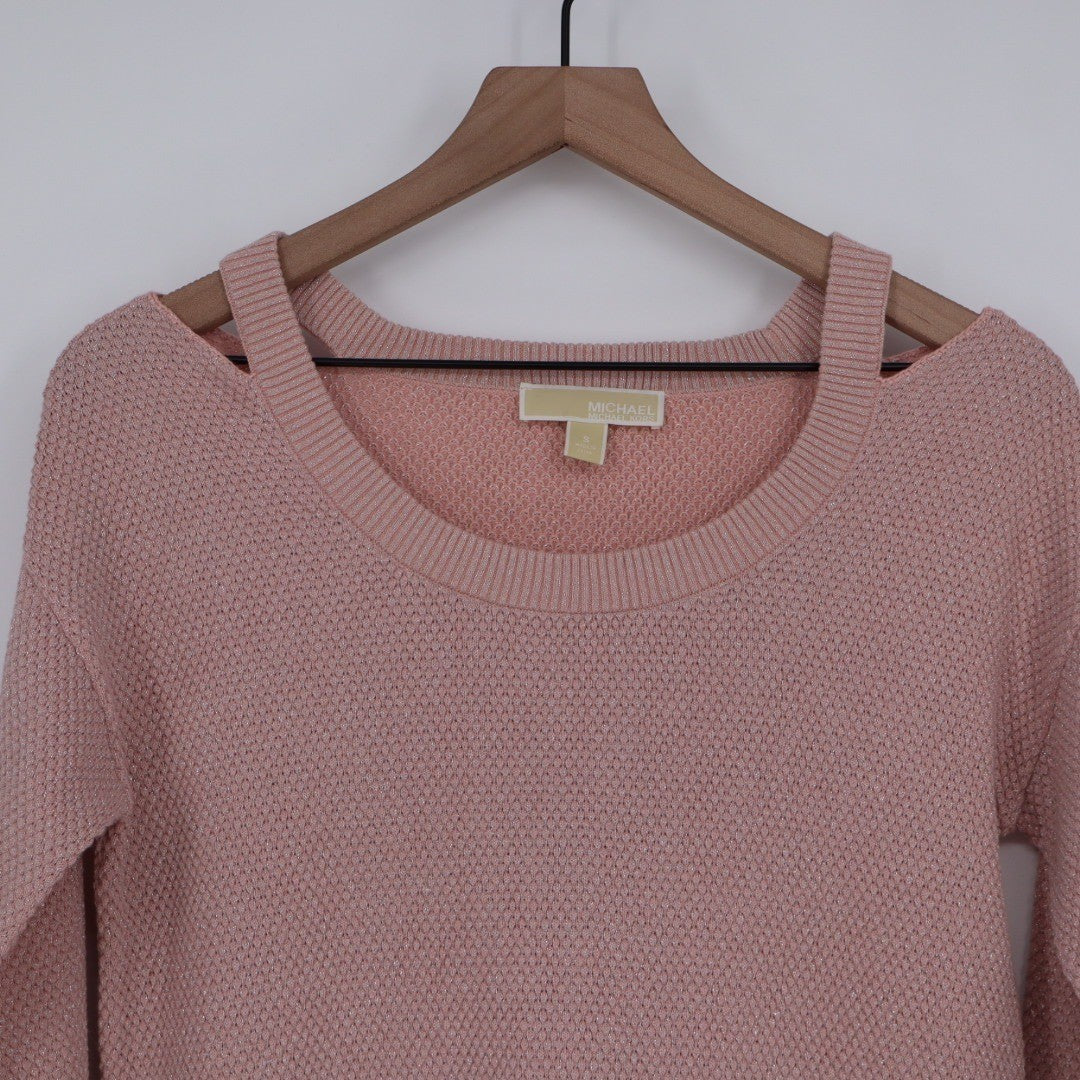 Michael Kors Pink Cold Shoulder Sweater Metallic Knit Pullover Size S