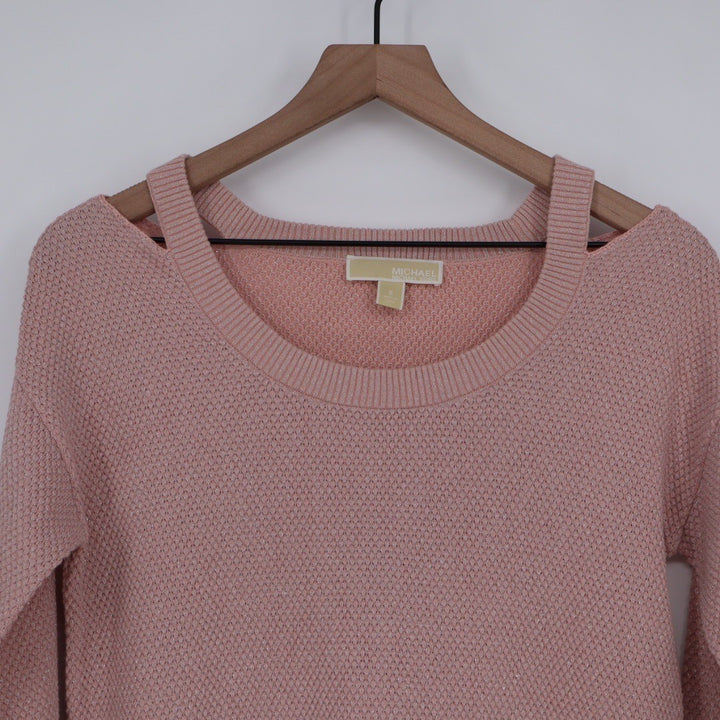 Michael Kors Pink Cold Shoulder Sweater Metallic Knit Pullover Size S