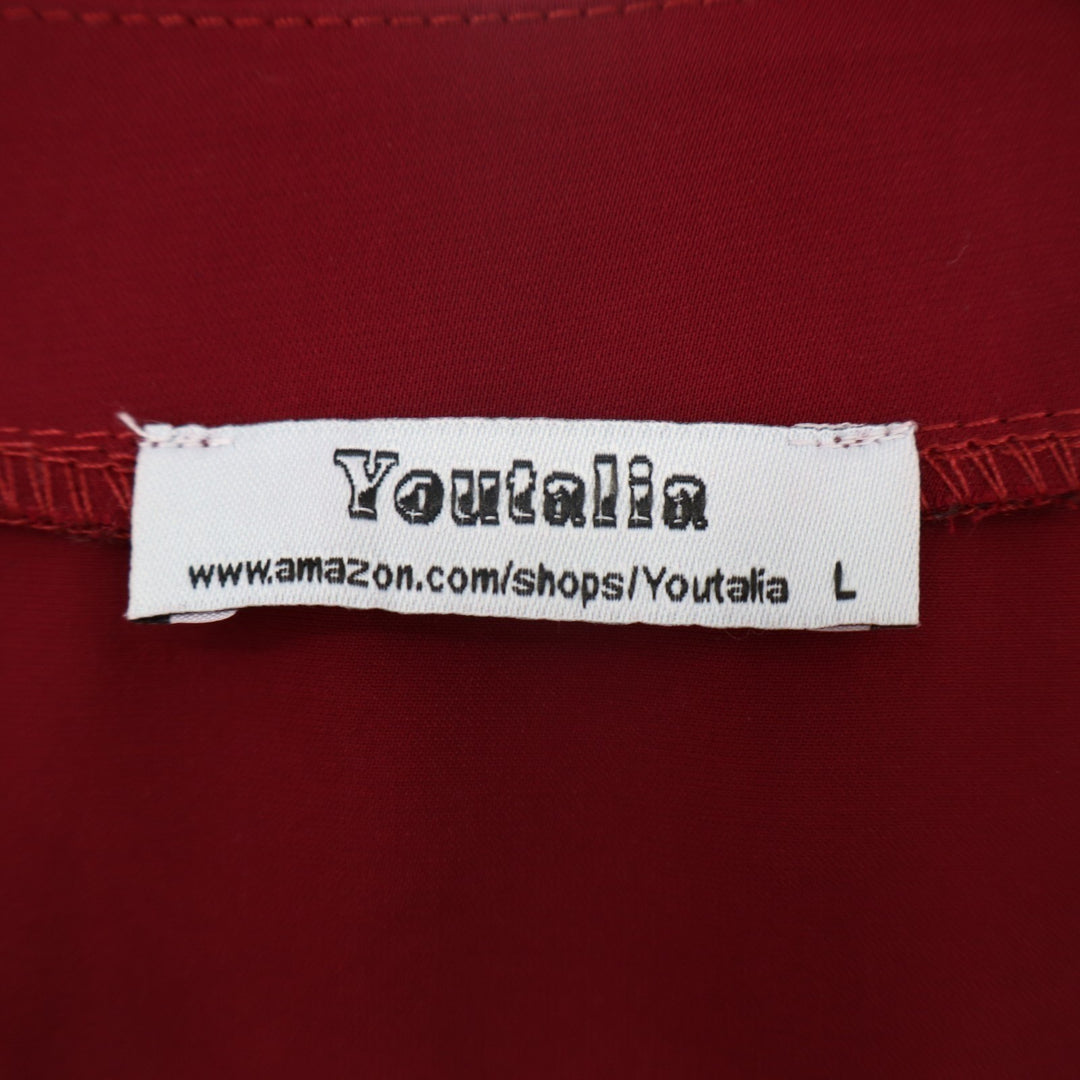 Youtalia Blouse Womens Large Red Roll Tab Sleeve Curved Hem V Neck Pullover