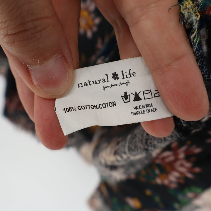 Natural Life Mini Dress Womens XS/S Black Floral Cotton Pleated Frayed Trim