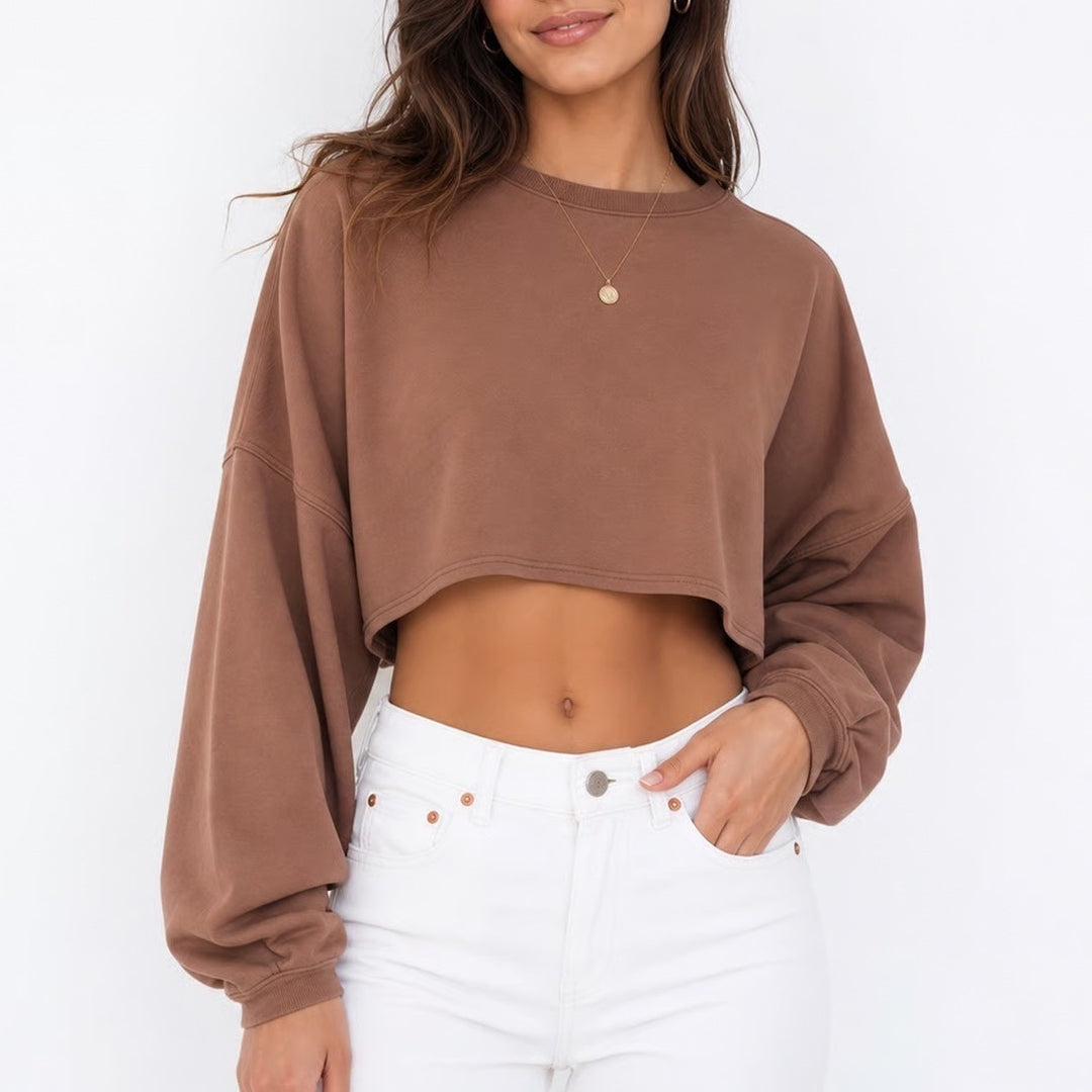 Brown Cropped Crewneck Sweatshirt Wide Sleeve Small